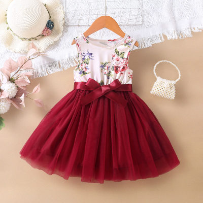 2-قطعة طفل فتاة الأزهار المطبوعة شبكة المرقعة فستان بلا أكمام وحزام Bowknot