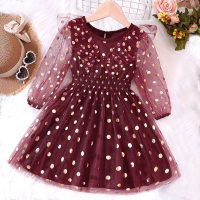 Toddler Girl Allover Polka Dotted Mesh Patchwork Long Sleeve Dress  Red