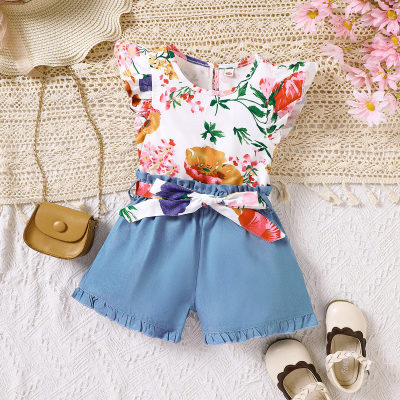 3-piece Toddler Girl Allover Floral Printed Vest & Matching Denim Shorts