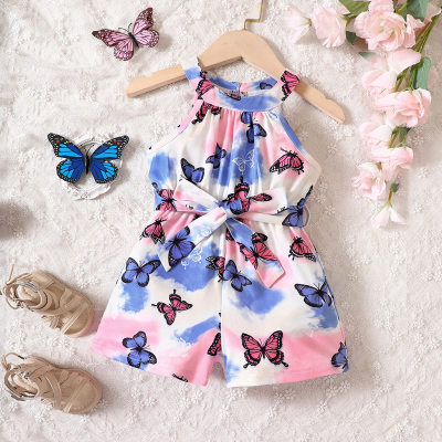2-piece Toddler Girl Gradient Color Butterfly Printed Halted Neck Suspender Shorts