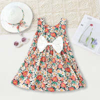 2-piece Bow Decor Floral Printed Dress & Hat for Toddler Girl  Pink