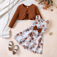 New arrivals for small and medium-sized children, girls' spring and autumn style printed dress, knitted cardigan suit  Brown