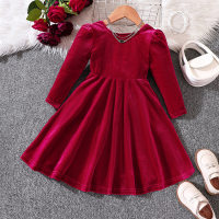 Toddler Girl Solid Color Bow Embellished Velvet Long Sleeve Dress  Red