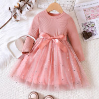 2-piece Toddler Girl Solid Color Star Sequined Mesh Patchwork Long Sleeve Dress  Pink