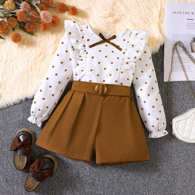 3-piece Toddler Girl Polka Dotted Long Fly Sleeve Top & Solid Color Shorts & Belt