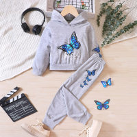 2-piece Kid Girl Butterfly Pattern Hoodie & Matching Pants  Gray