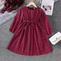 Kid Girl Solid Color Round Neck Flocking Long Sleeve Dress  Red