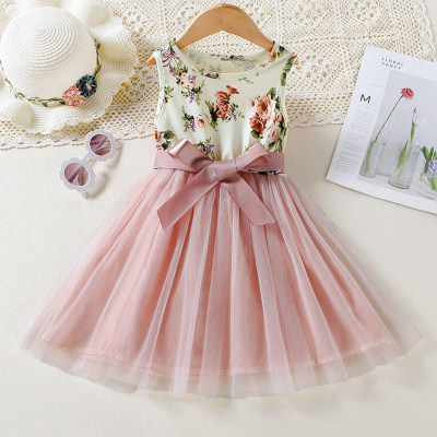 Girl Baby Floral & Bow Knot Decor mesh Sleeveless Dress