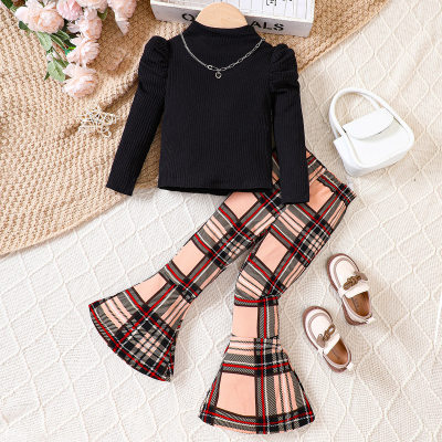 2-piece Toddler Girl Solid Color Turtle Neck Long Sleeve Top & Plaid Flare Pants