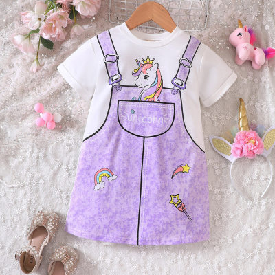 Toddler Girl Color-block Unicorn Printed Short Sleeve Dress