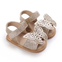 Baby Girl Solid Color Butterfly Decor Open Toed Velcro Sandals  Gold-color