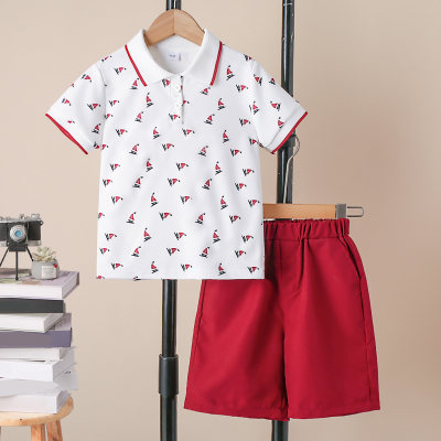 2-piece Kid Boy Allover Boat Printed Short Sleeve Polo Shirt & Matching Shorts