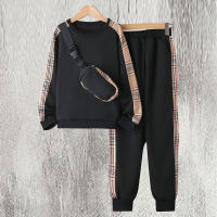 2-piece Kid Boy Plaid Patchwork Sweatshirt & Matching Pants  Black