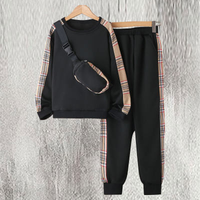 2-piece Kid Boy Plaid Patchwork Sweatshirt & Matching Pants