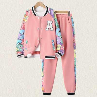 2-piece Kid Boy Bear Printed Patchwork Letter Pattern Button-up Jacket & Matching Pants