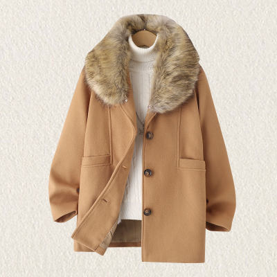 Kid Girl Fur Collar Solid Color Wool Coat