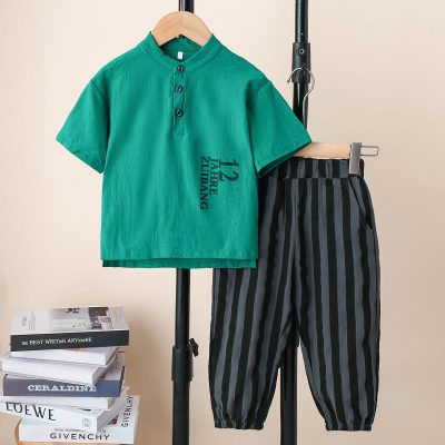 2-piece Kid Boy Letter Printed Short Sleeve T-shirt & Striped Pants