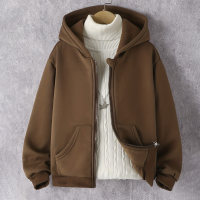 Kid Girl Solid Color Hooded Zip-up Jacket  Brown