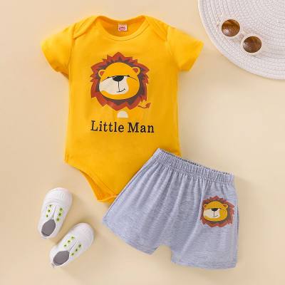 Baby Boy Solid Color Lion Letter Pattern Bodysuit & Shorts