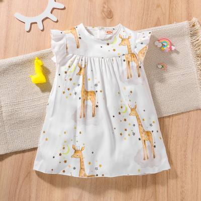Vestido de bebê menina doce estrela lua girafa padrão manga plissado