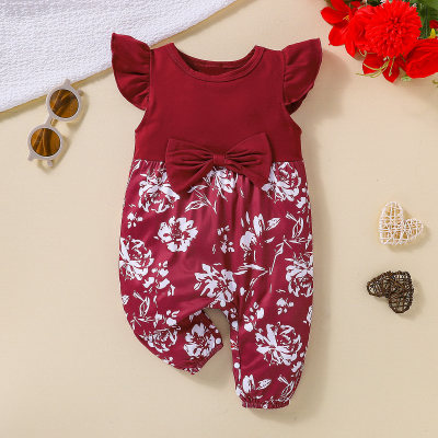 Baby Girl Sweet Color-block Floral Pattern Bow-knot Jumpsuit