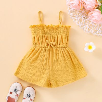 Baby Girl Solid Color Bow-knot Pleated Overalls