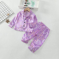 Children Girls Fashion Cute Love Heart Long Sleeve Satin Suit  Purple