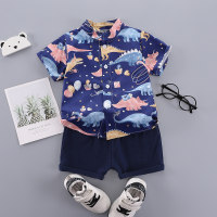 Children's dinosaur print short-sleeved shirt set  Navy Blue