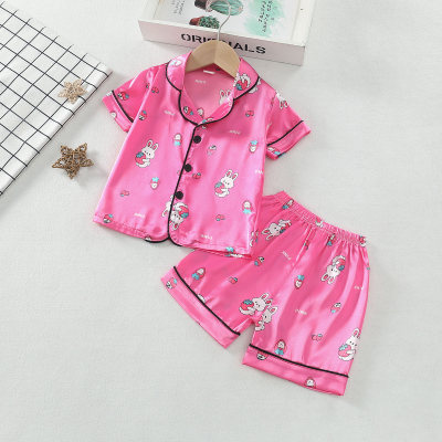 Clearance children's short-sleeved cartoon strawberry rabbit satin home clothes suit