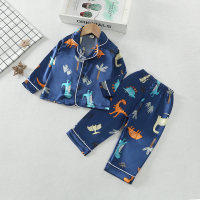 Children's Boys Fashion Cartoon Satin Home Clothes Set  Navy Blue