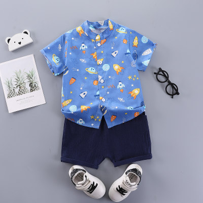 Children's Fashion Cartoon Rocket Planet Short sleeved Shirt Set