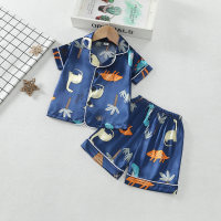 Conjunto de ropa para el hogar de satén de manga corta con dibujos animados de moda infantil  Azul marino