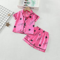 Children's Fashion Cartoon Girls Short Sleeve Satin Suit  Hot Pink
