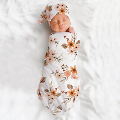 aby Print Wrap Towel Cap and Headband Set Newborn Hugging Blanket Knotted Cap and Hair Band