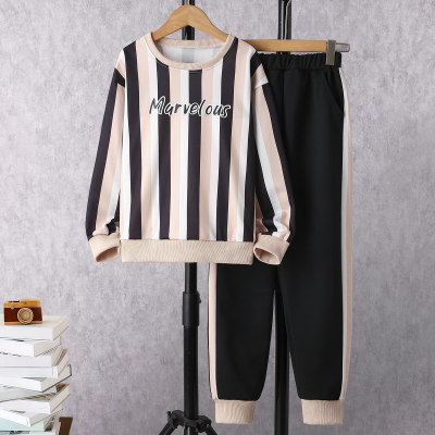 2-piece Kid Boy Color-block Stripe Patchwork Sweatshirt & Matching Pants