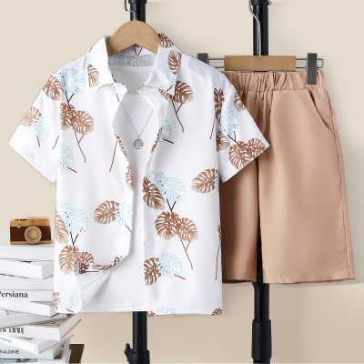 2-piece Kid Boy Allover Tropical Leaf Printed Short Sleeve Shirt & Solid Color Shorts