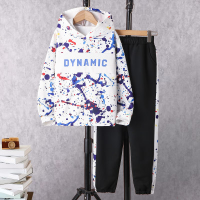 2-piece Kid Boy Letter Printed Hoodie & Matching Patchwork Pants