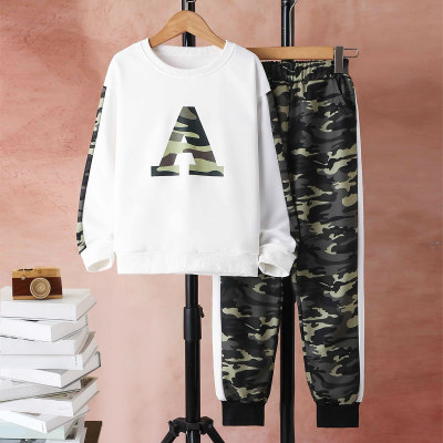 2-piece Kid Boy Camouflage Letter Printed Sweatshirt & Matching Patchwork Pants