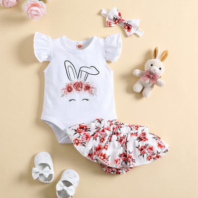 Baby Girl Floral Rabbit Pattern Bodysuit & Ruffle Decor Dress Shorts & Headband