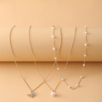 Women 3-Piece Butterfly Pearl Necklace  Gold-color