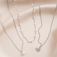 Women 3-Piece Butterfly Pearl Necklace  Silver