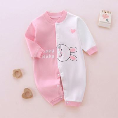 Baby Girl Pure Cotton Color-block Letter and Rabbit Pattern Long-sleeved Long-leg Romper