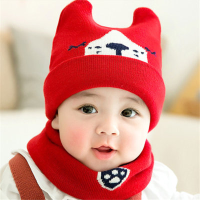 2-piece Baby 100% Cotton Cartoon Dog Pattern Devil Horn Crochet Knit Beanie Hat & Matching Neck Warmer