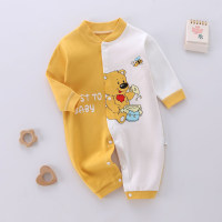 Mameluco de pierna larga de manga larga con diseño de letra y oso de bloque de color de algodón puro para bebé niño  Amarillo