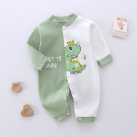 Mameluco de pierna larga de manga larga con diseño de letra y oso de bloque de color de algodón puro para bebé niño  Verde