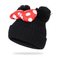 Baby 100% Cotton Solid Color Dotted Bowknot Decor Pom Pom Beanie Hat  Black