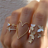 Star and Moon Diamond Heart Pearl Leaf Ring Set  Multicolor