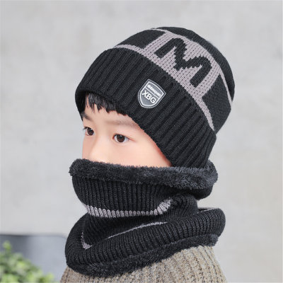 2-piece Baby Boy Pure Cotton Color-block Letter Pattern Knitted Hat & Matching Fleece-lined Neck Warmer