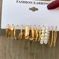 6-piece metal hoop square geometric pearl earrings set  Multicolor