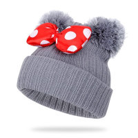 Baby 100% Cotton Solid Color Dotted Bowknot Decor Pom Pom Beanie Hat  Gray